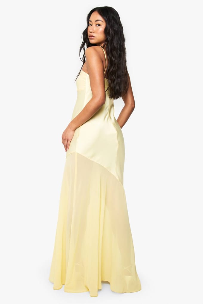 boohoo Dames Satijn en chiffon mix maxi-jurk | Citroen | Maat: 40