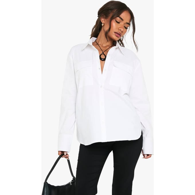 boohoo Dames Katoenen Oversized Zakdetail Shirt | Wit | Maat: 36