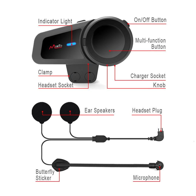 Maxto M2 BT Motorhelm Intercom FM Helm Waterdicht Moto Interphone Vervanging voor Vimoto zwart