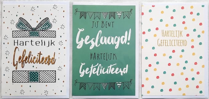 3 Wenskaarten - Geslaagd + 2 x Hartelijk Gefeliciteerd - 12 x 17 cm – GES-303