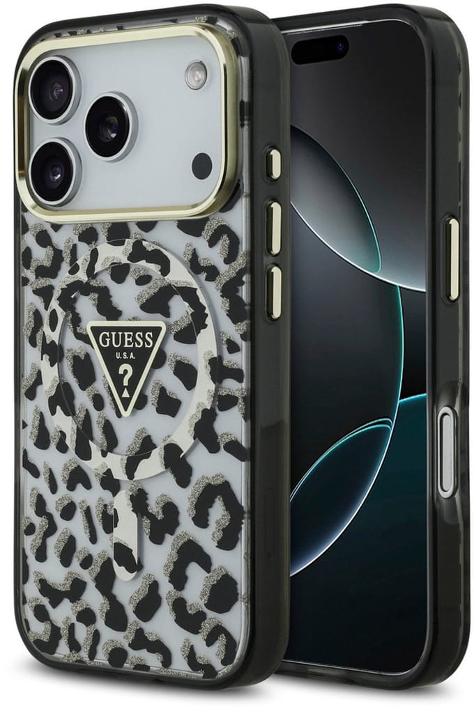 Guess Back Cover Case - iPhone 17 Pro Max - Black - Leopard Glitter Edition - Schokabsorberend TPU