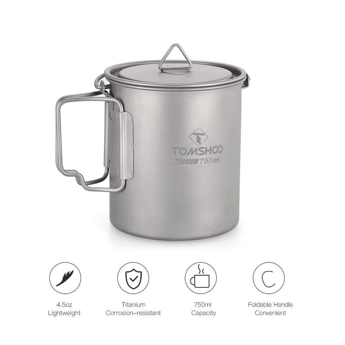 TOMSHOO Ultralichte 750ml Titanium Pot Draagbare Titanium Waterbeker Beker met Deksel en Camping Koken white