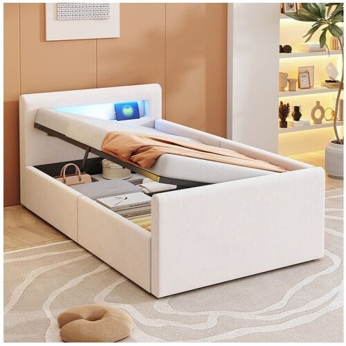 Merax Gestoffeerd kinderbed met opbergruimte - 90 x 200 cm - met LED's + USB - hoofdeinde met plank - fluweel + MDF - beige