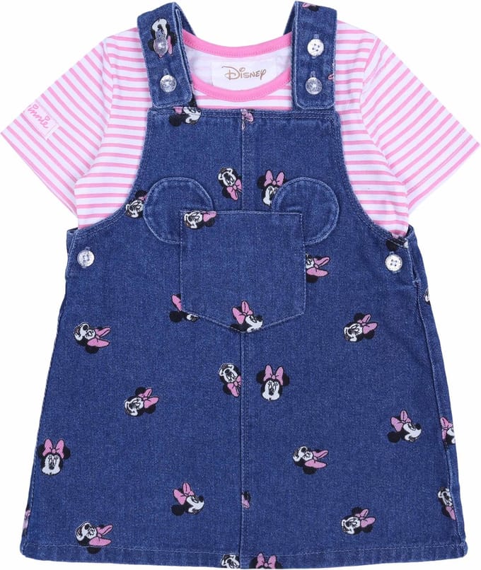 Denim jurk, tuinbroek + gestreept Minnie Mouse shirt