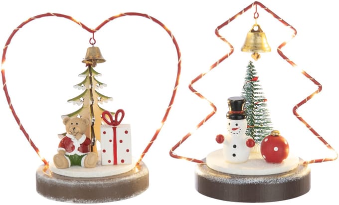 J-Line figuur Beer + Sneeuwman - multiplex - rood/wit - 2 stuks - LED lichtjes