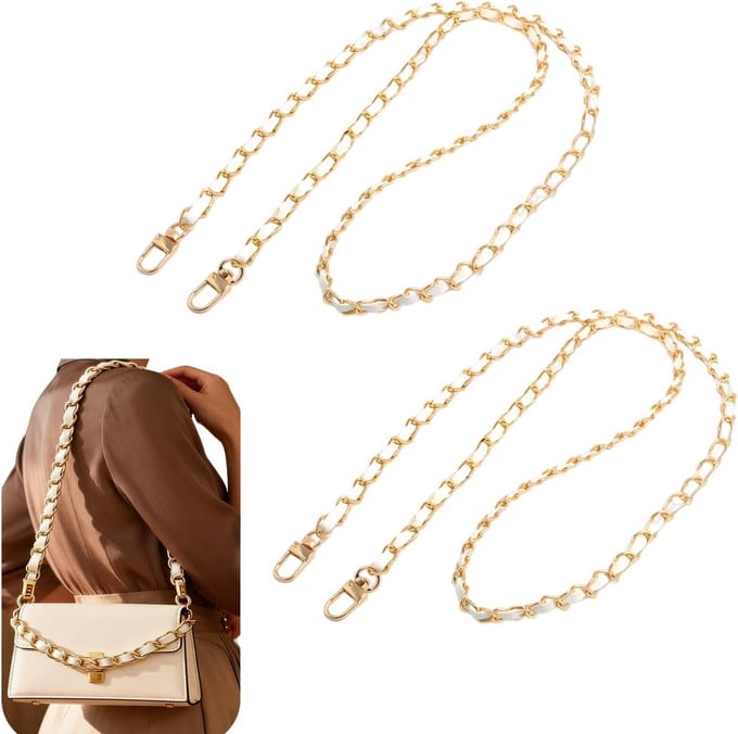 Pocket Chain in Goud en Wit (60 cm + 120 cm) - Interchangeable Crossbody met Leren Inzet voor Dameshandtassen, Stijlvol en Functioneel Accessoire