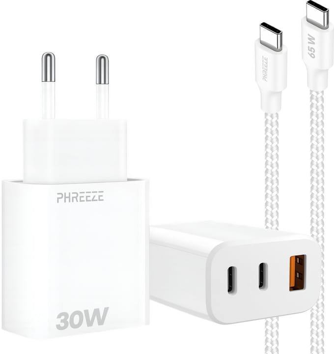 Usb lader met 3 poorten 2x usb A 1x usb C - Incl. usb C oplaadkabel 1m - Snellader voor telefoon tablet