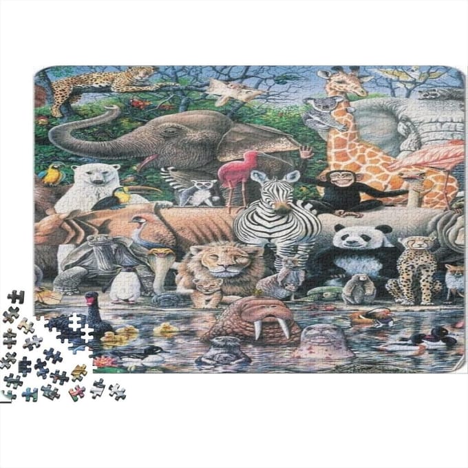 Houten Puzzel - Legpuzzel Dieren - Ontspanning Thuis - Unieke Vorm Puzzelstukjes - 75 x 50 cm - Multicolor
