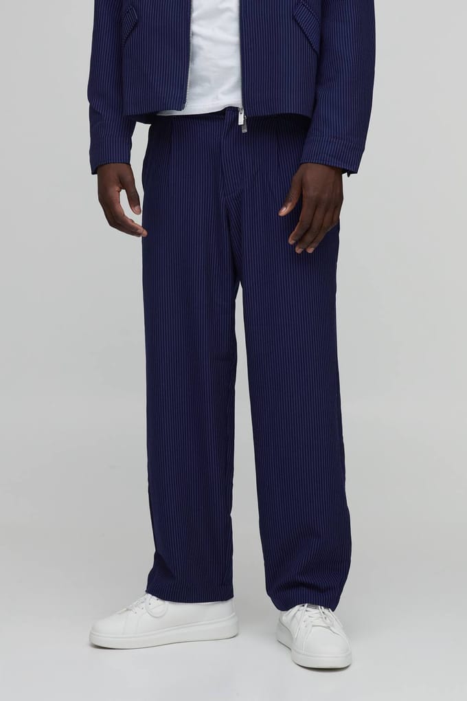 Krijtstreep Relaxed Fit Getailleerde Co-ord Pantalon | Navy | Size 34