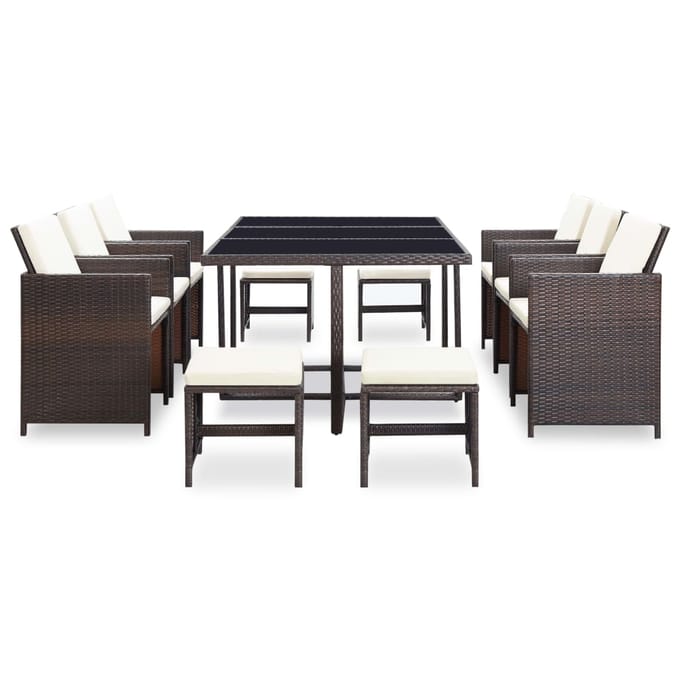 vidaXL - 11-delige - Tuinset - met - kussens - poly - rattan - bruin