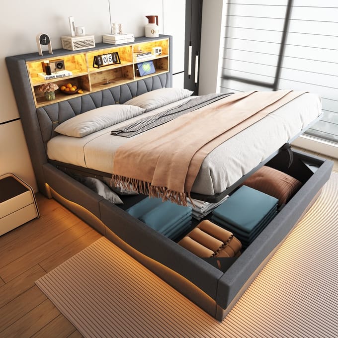 REDOM Opbergbed 180x200 cm – Linnen – Hydraulisch – LED & USB – Grijs – 350 kg