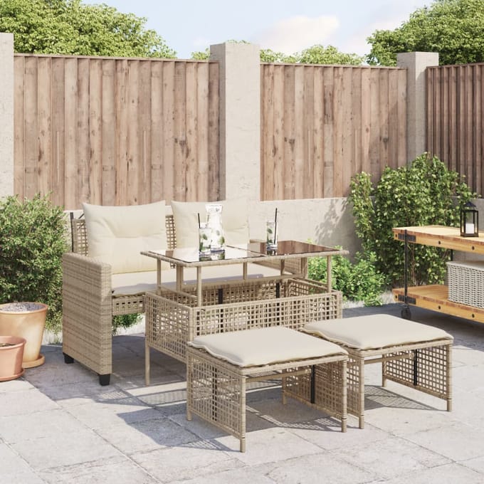 vidaXL - 4-delige - Loungeset - met - kussens - poly - rattan - en - glas - beige