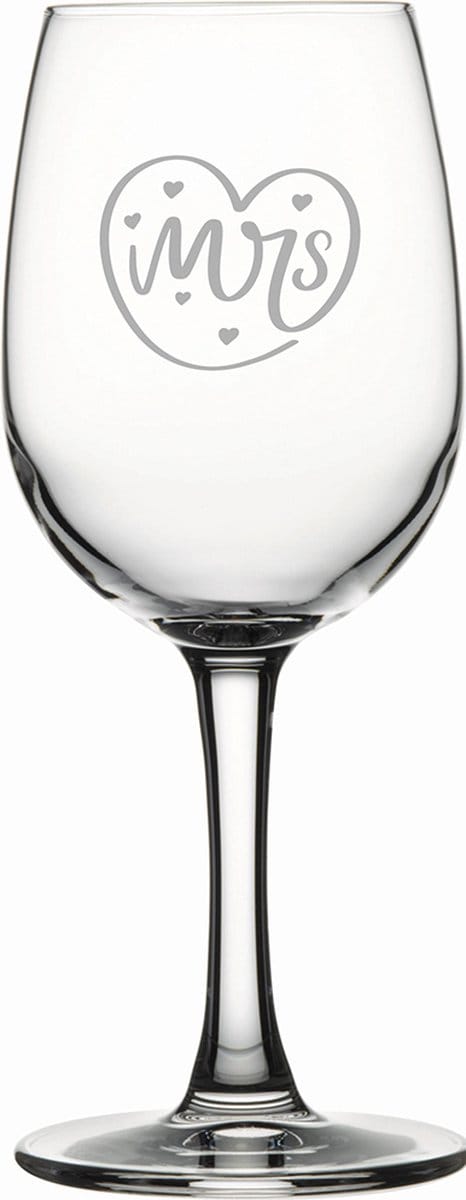 Gegraveerde witte wijnglas 26cl Mrs. In hartje