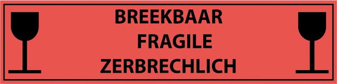Breekbaar 3-talig sticker, oranje zwart 300 x 75 mm