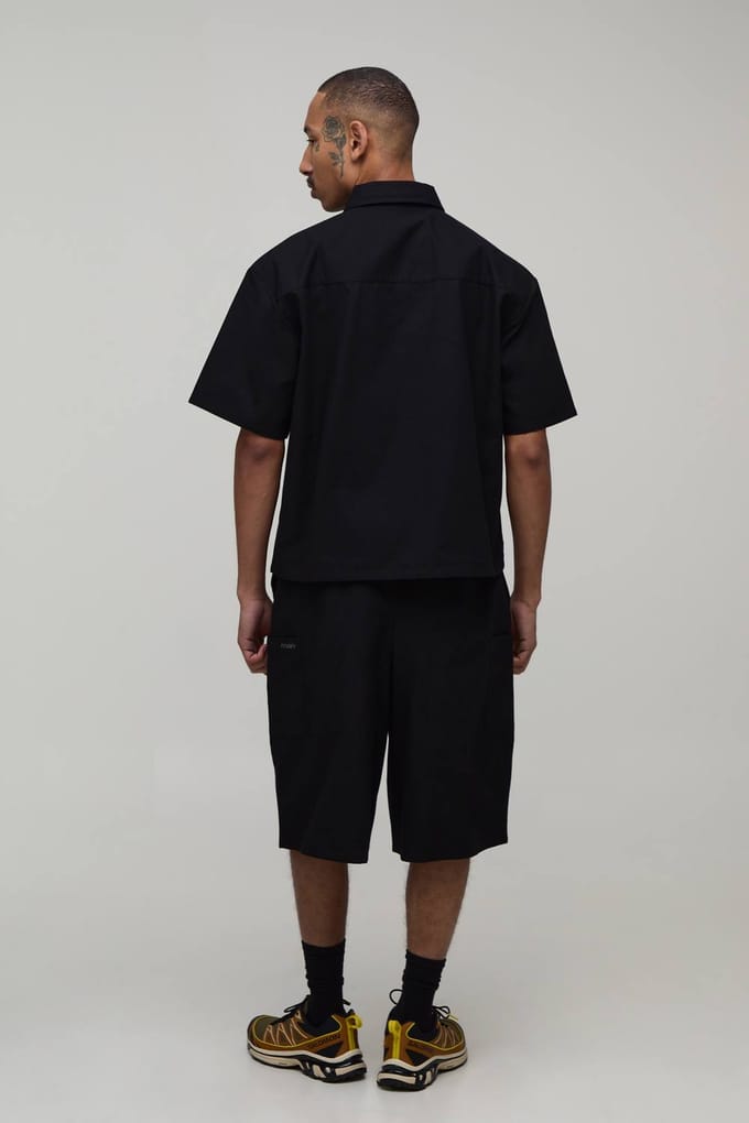 Ripstop Oversized Boxy Cargo Shirt & Parachute Short Set | Black | Size Medium