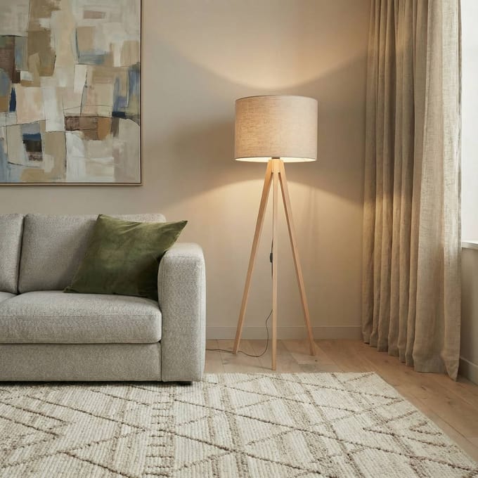 TK Lighting Vloerlamp Grand, beige/dennenhout, hoogte 145 cm, E27