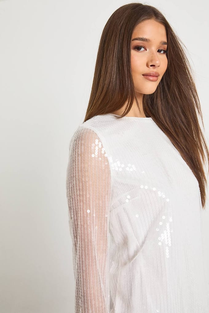 boohoo Dames Oversized pailletten T-shirt jurk | Wit | Maat: 36