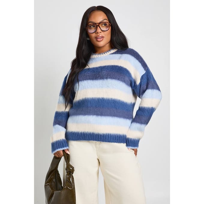 boohoo Dames Plus Geborstelde Gestreepte Oversized Trui | Blauw | Maat: 48-50