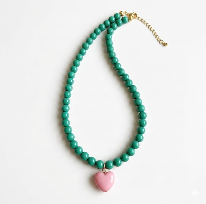 She life style - Modieuze groene kralenketting met roze hart
