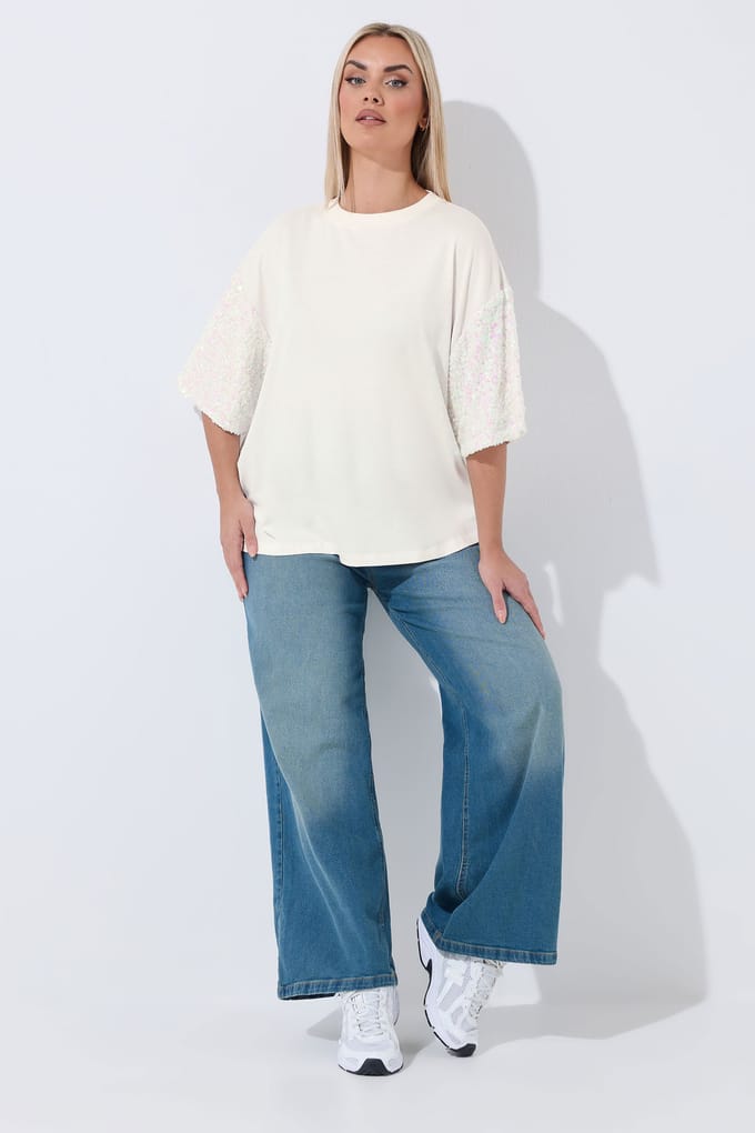 Limited Collection Wit Tshirt Met Pailletten Op De Mouwen Size 48