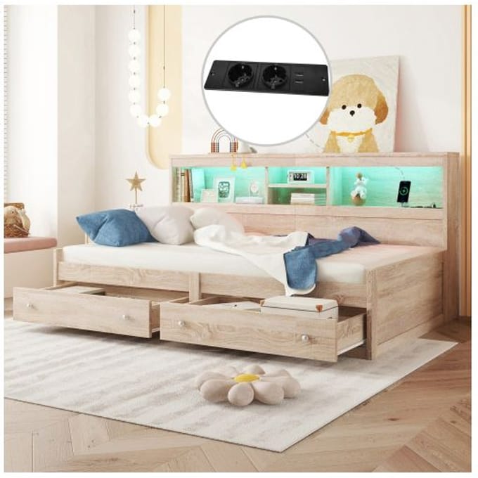 Lit de jour - MUVOE - 90x200 cm - 2 prises USB - Lumière LED - Tiroirs de rangement naturel