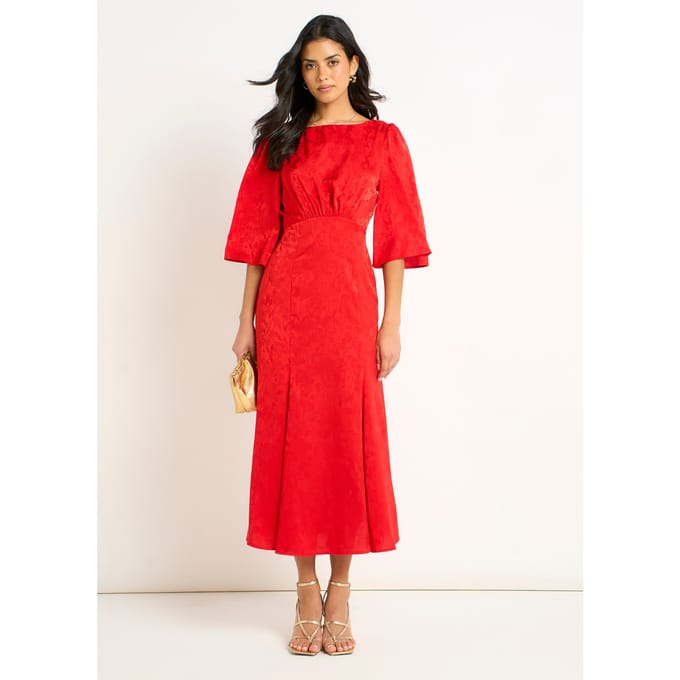 Rode satijnen jacquard midi-jurk