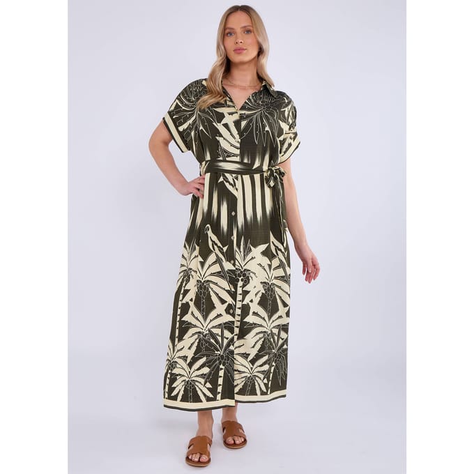 Khaki Tropical Print Midi Overhemdjurk