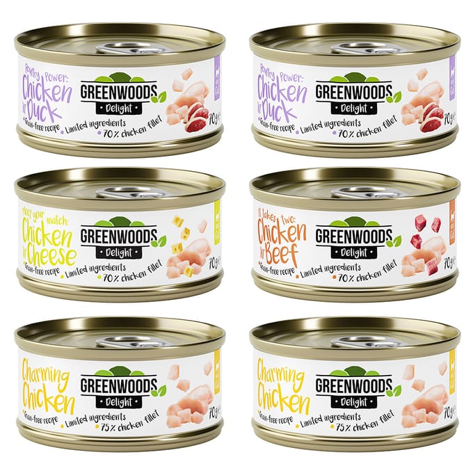6x70g Kip (4 Smaken) Greenwoods Delight Kattenvoer