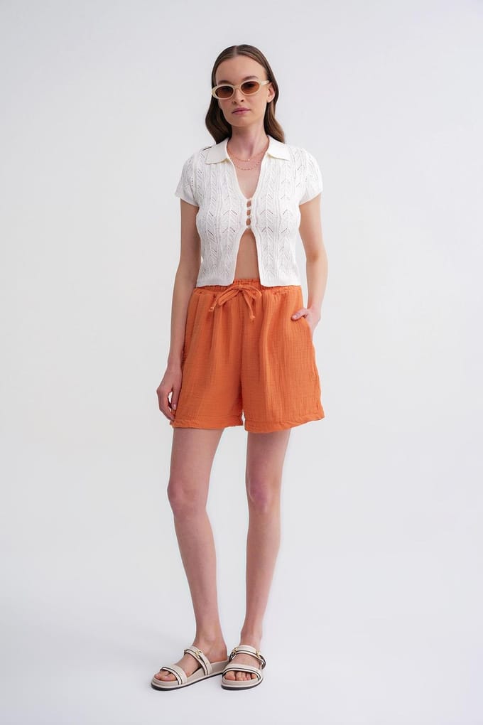 Hoge Taille Geweven Katoenen Shorts