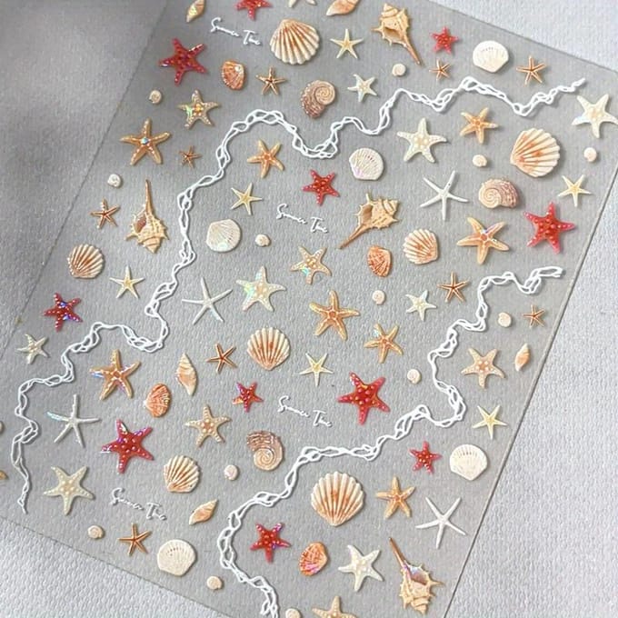Zeester, Schelp, Zeedier Nagelstickers, Schelp Glanzende Zomer Nageldecoraties gray