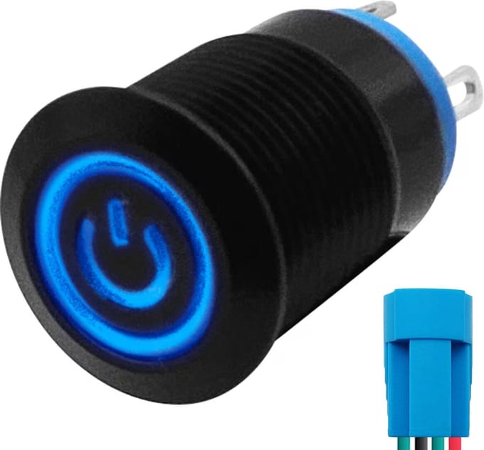 ProRide Metalen Drukschakelaar ON-OFF met Aansluitkabel - 12mm - Spatwaterdicht - 12V/24V - LED Indicatie Blauw