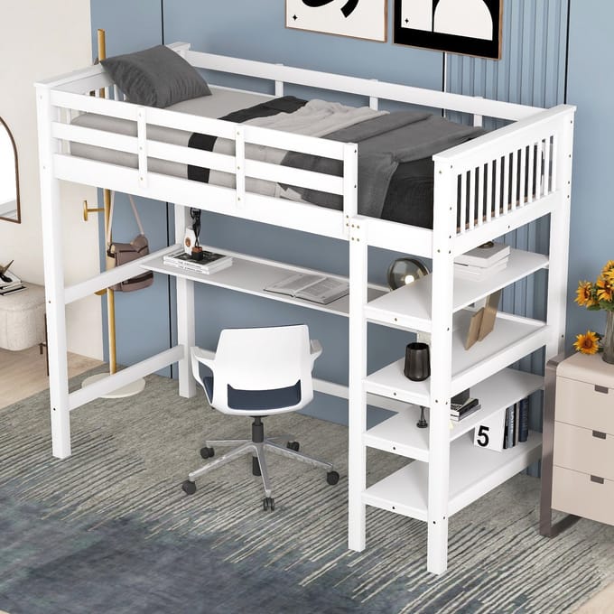Merax Eenpersoonsbed Hoogslaper 90x200 cm - Bed met Bureau en Opbergruimte - Wit