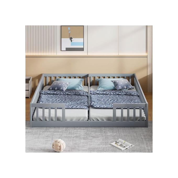 Lit rembourré - MUVOE - 90 x 200 cm - Gris - 2 places - Barrière de sécurité gris