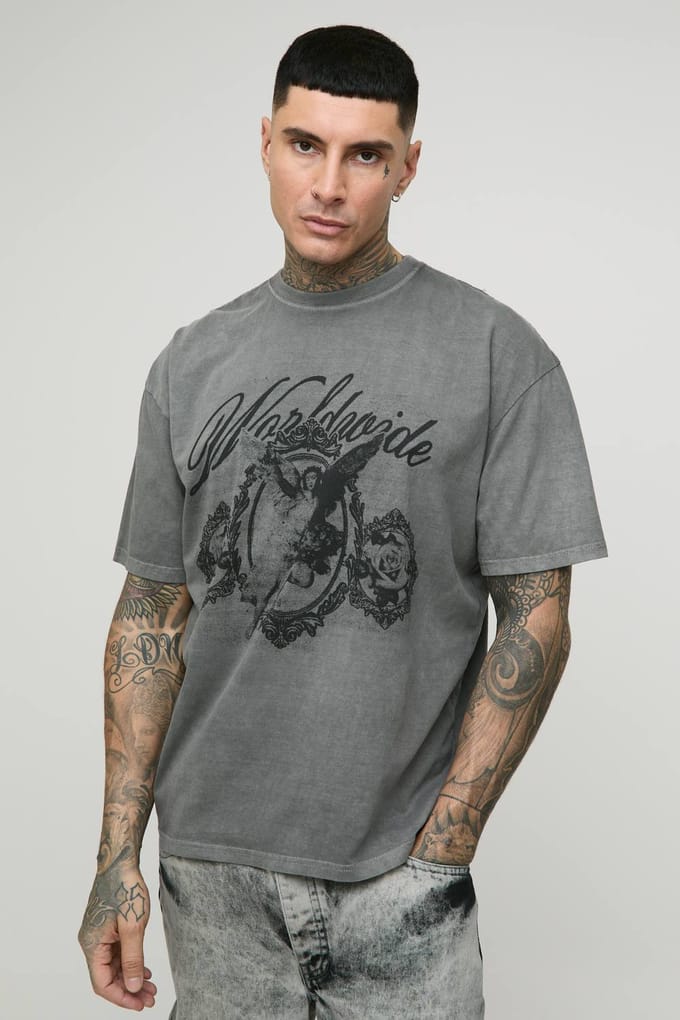 Lang Oversized Renaissance Print Gewassen Print T-Shirt | Charcoal | Size Medium