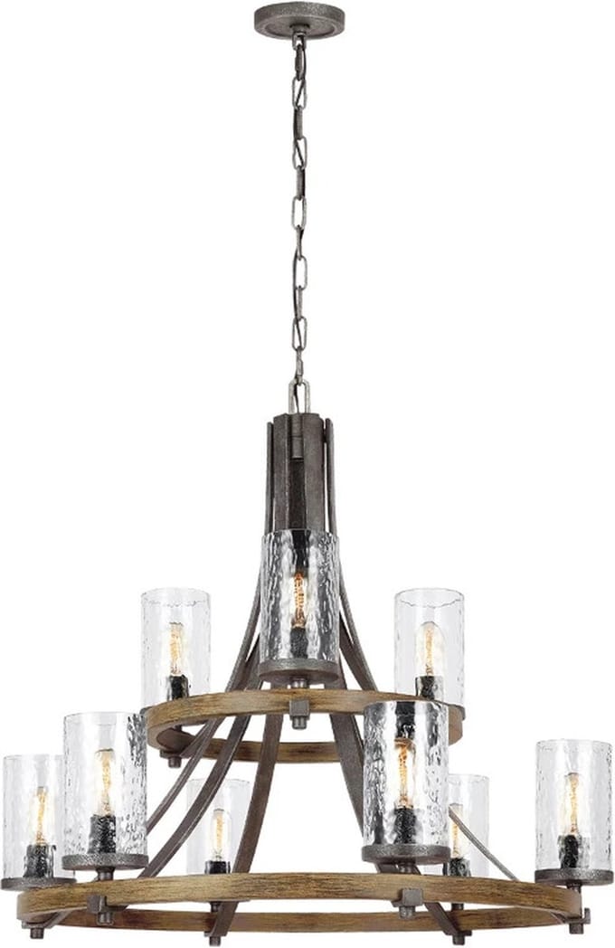 Feiss LED Kroonluchter | 9X E27 Max 60W | Dimbaar | Distressed Weathered Oak & Slate Grey Metal