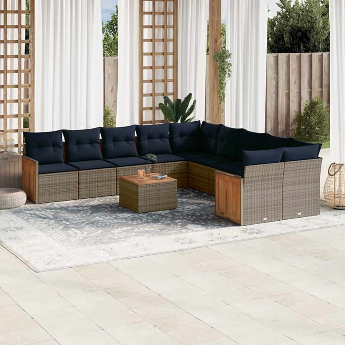 vidaXL - 11-delige - tuinbankset - met - kussens, - grijs - polyrotan