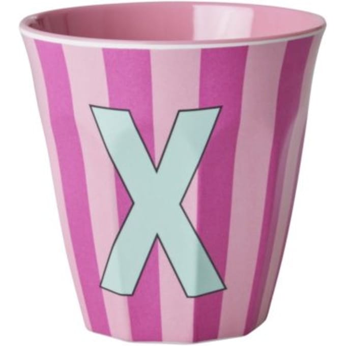 Rice melamine beker medium gestreept letter x, roze