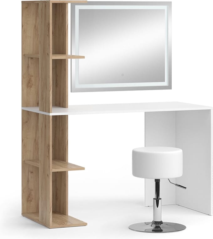 Vicco Kaptafel set met kruk Tower, Wit/Sonoma, 122.2 cm met LED-spiegel en kruk