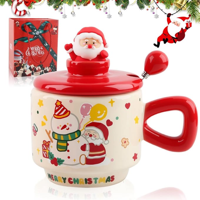 Keramische Kerst Mok met Deksel en Lepel (400ml) - Cadeau Idee
