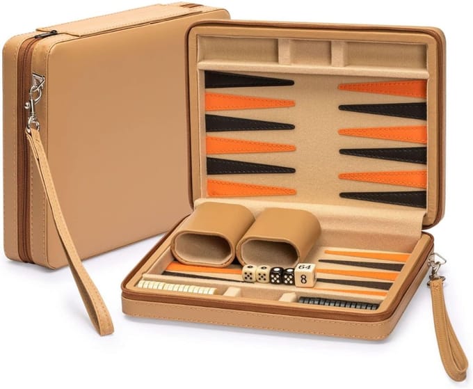 CLVP® Backgammon Koffer – Luxe Backgammon Set – Lederen Bordspel – Reisspel Set - Draagbaar – Bruin