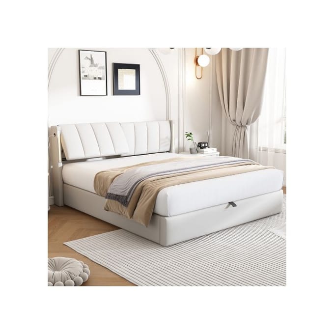 Gestoffeerd bed - MUVOE - Binauraal - 140 x 200 cm - LED - Verstelbaar hoofdeinde wit
