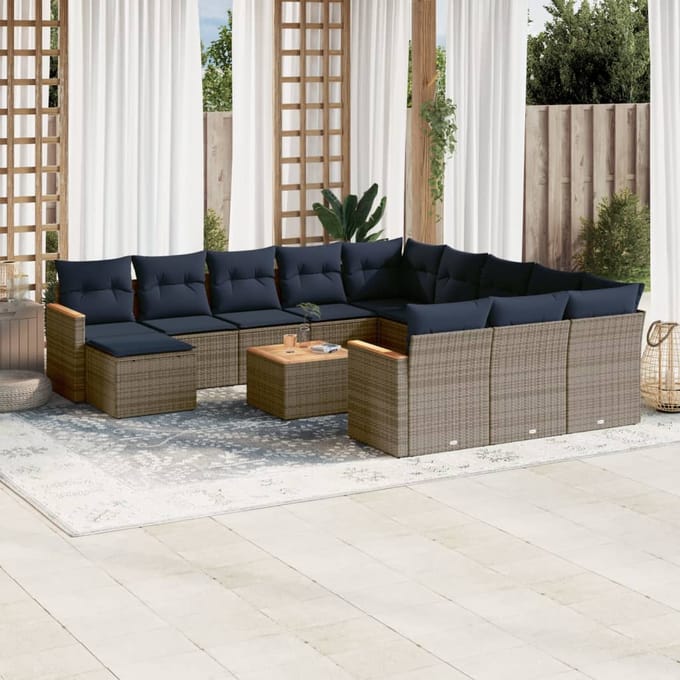 vidaXL - 13-delige - tuinbankset - met - kussens, - grijs - polyrotan
