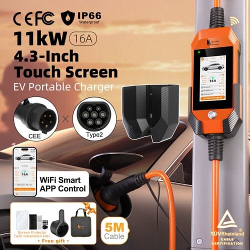 Feyree Type2 11 kW draagbare EV-oplader met 4,3-inch touchscreen, geschikt voor thuisgebruik, met dubbele temperatuurbescherming en app-gebaseerde