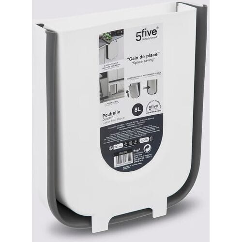 5Five - Opvouwbare Hangende Afvalbak 8 Liter – Keukenkast Deur – Wit/Grijs