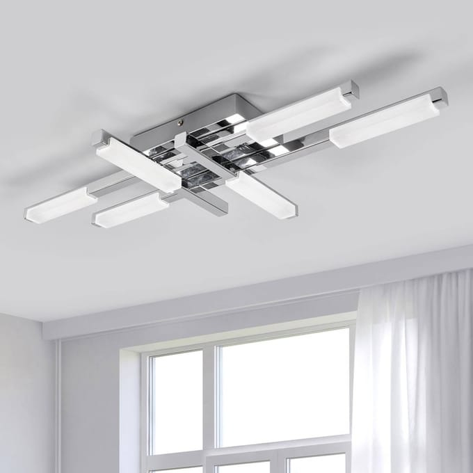 Lindby LED plafondlamp Patrik, 62 cm, 6-lamps, chroom, IP44
