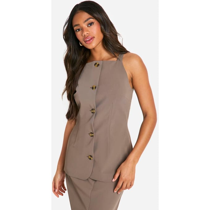 boohoo Dames High Square Neck Longline Waistcoat | Mocha | Maat: 8
