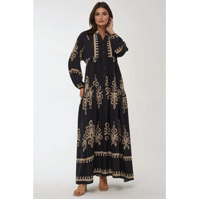 Geprinte Lange Mouw Viscose Maxi Jurk