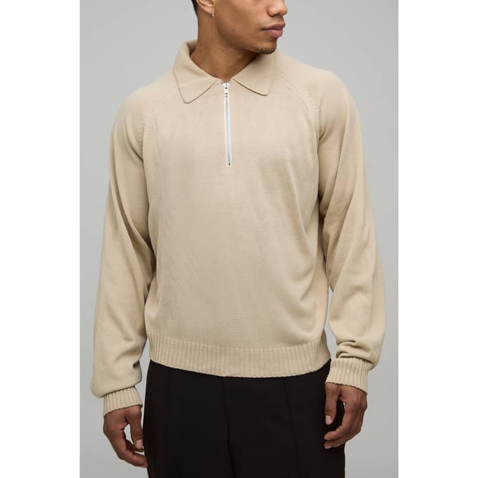 Regular 1/4 Zip Knitted Polo T-Shirt | Taupe | Size Medium