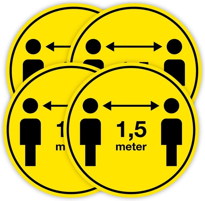 Set van 4 Corona vloerstickers 1,5 meter afstand houden ø 30 cm.