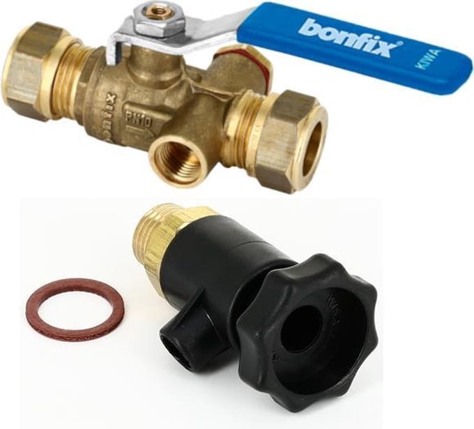 Bonfix - messing knelkoppeling / knelfitting kogelkraan met aftapper 22mm FF